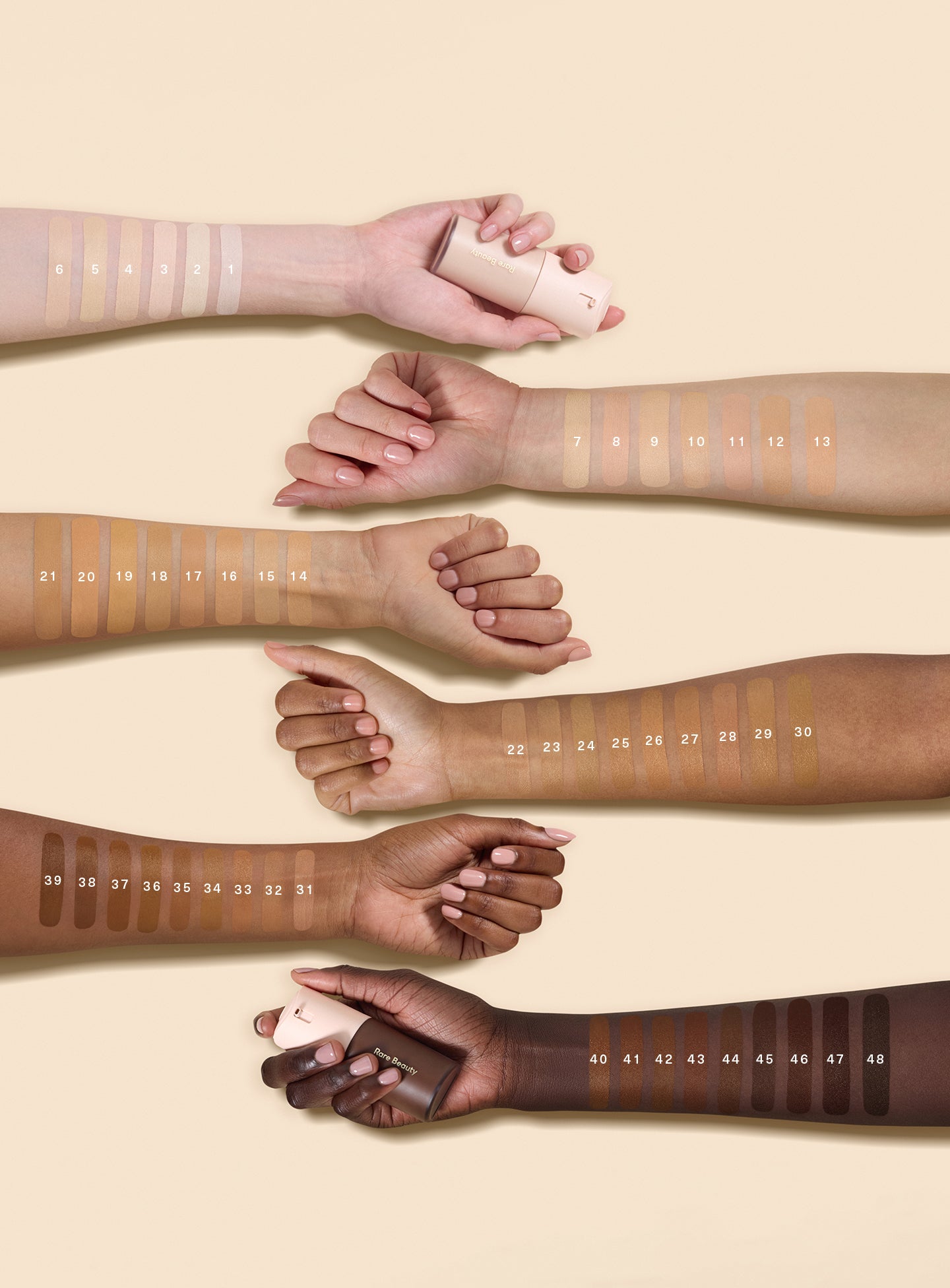 Rare Beauty True to Myself Natural Matte Longwear Foundation satches of 48 different shades on 6 different models