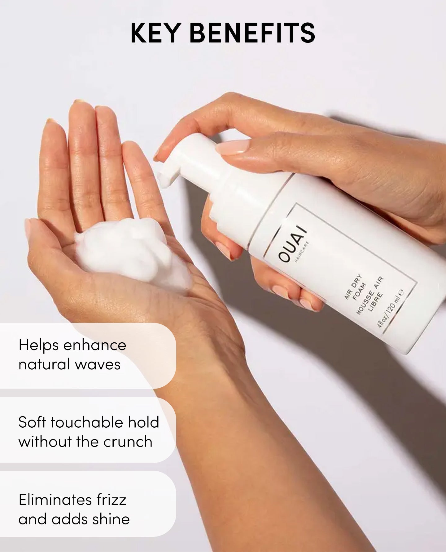 Person applying a white hair product to their hands with 'CUAI' branding, and text listing key benefits on a light gray background.