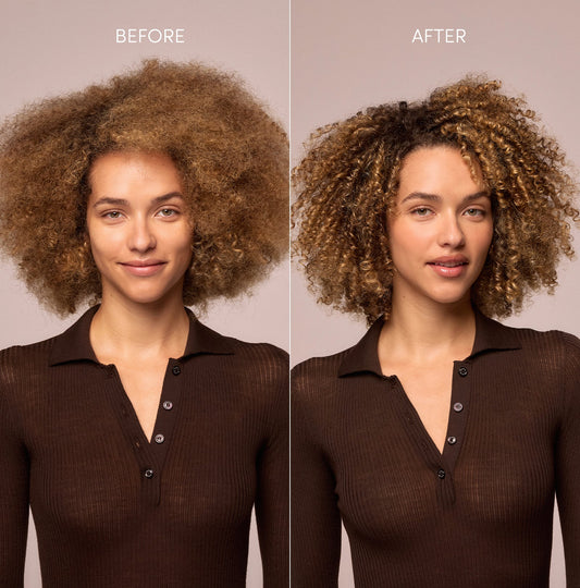 Before and after comparison of a woman with styled hair against a neutral background
