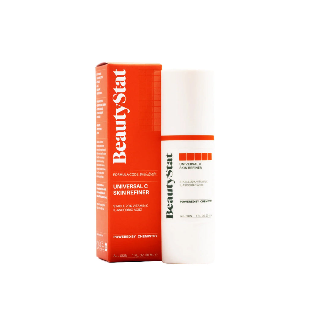 BeautyStat Universal C Skin Refiner with sleek white bottle and vibrant orange box, luxury skincare
