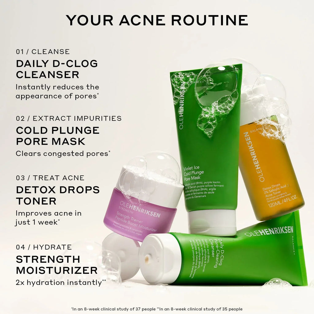 Ole Henriksen skincare routine products in green, yellow, and purple bottles with fresh bubbles, promoting clear, hydrated skin.