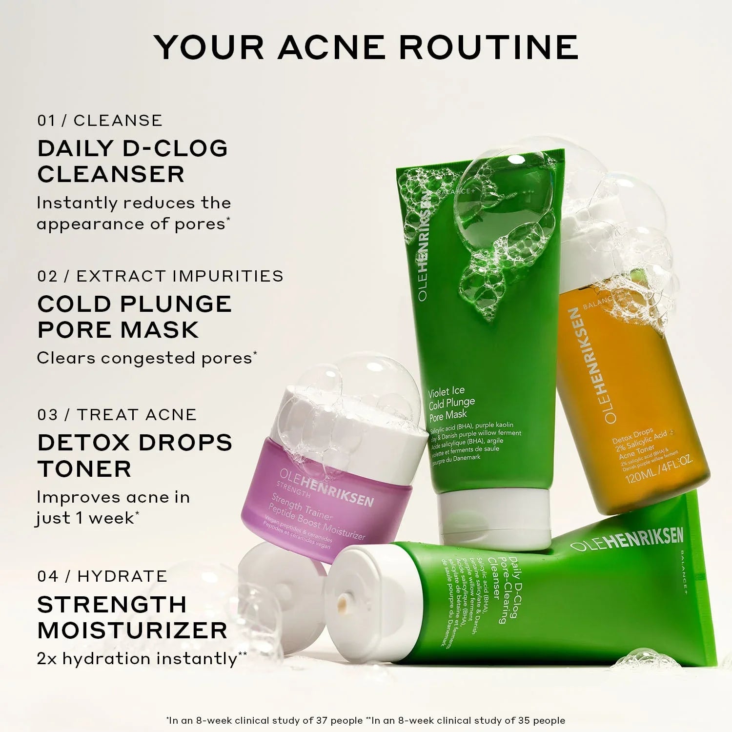 Ole Henriksen skincare routine products in green, yellow, and purple bottles with fresh bubbles, promoting clear, hydrated skin.