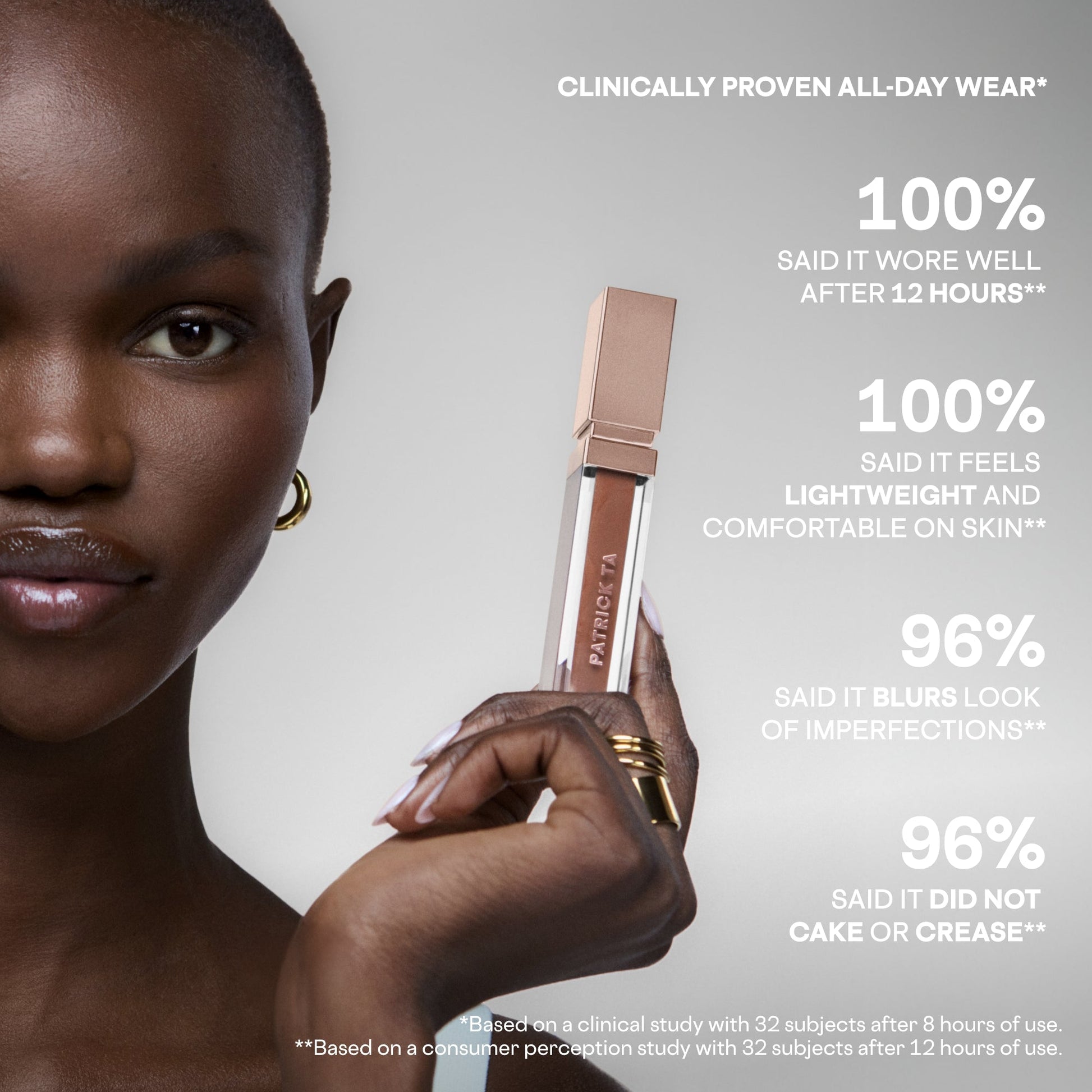 Model with radiant, even-toned skin holds creamy liquid concealer with rose gold cap
