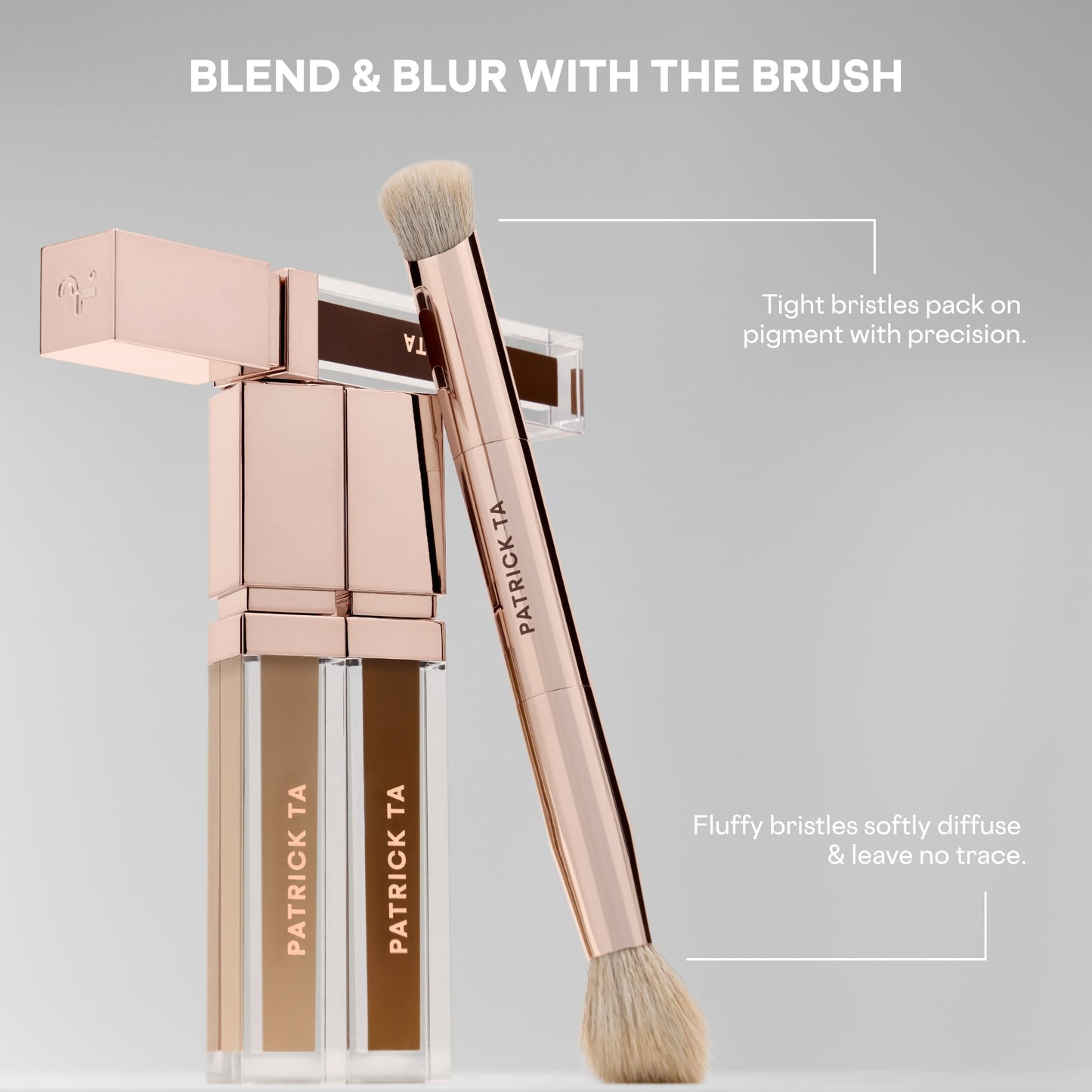 Elegant rose gold concealer brush with dense and fluffy bristles alongside liquid concealers
