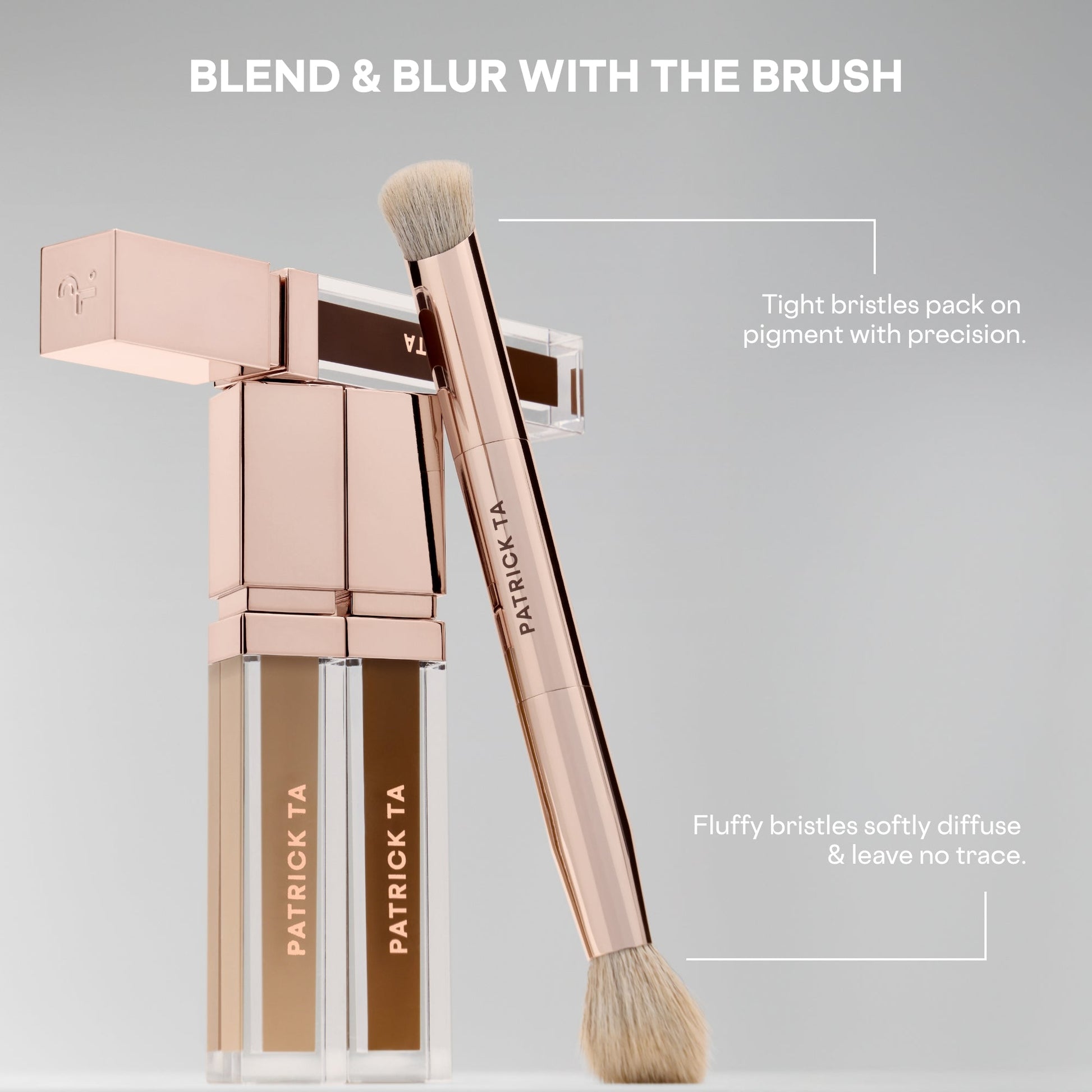 Elegant rose gold concealer brush with dense and fluffy bristles alongside liquid concealers