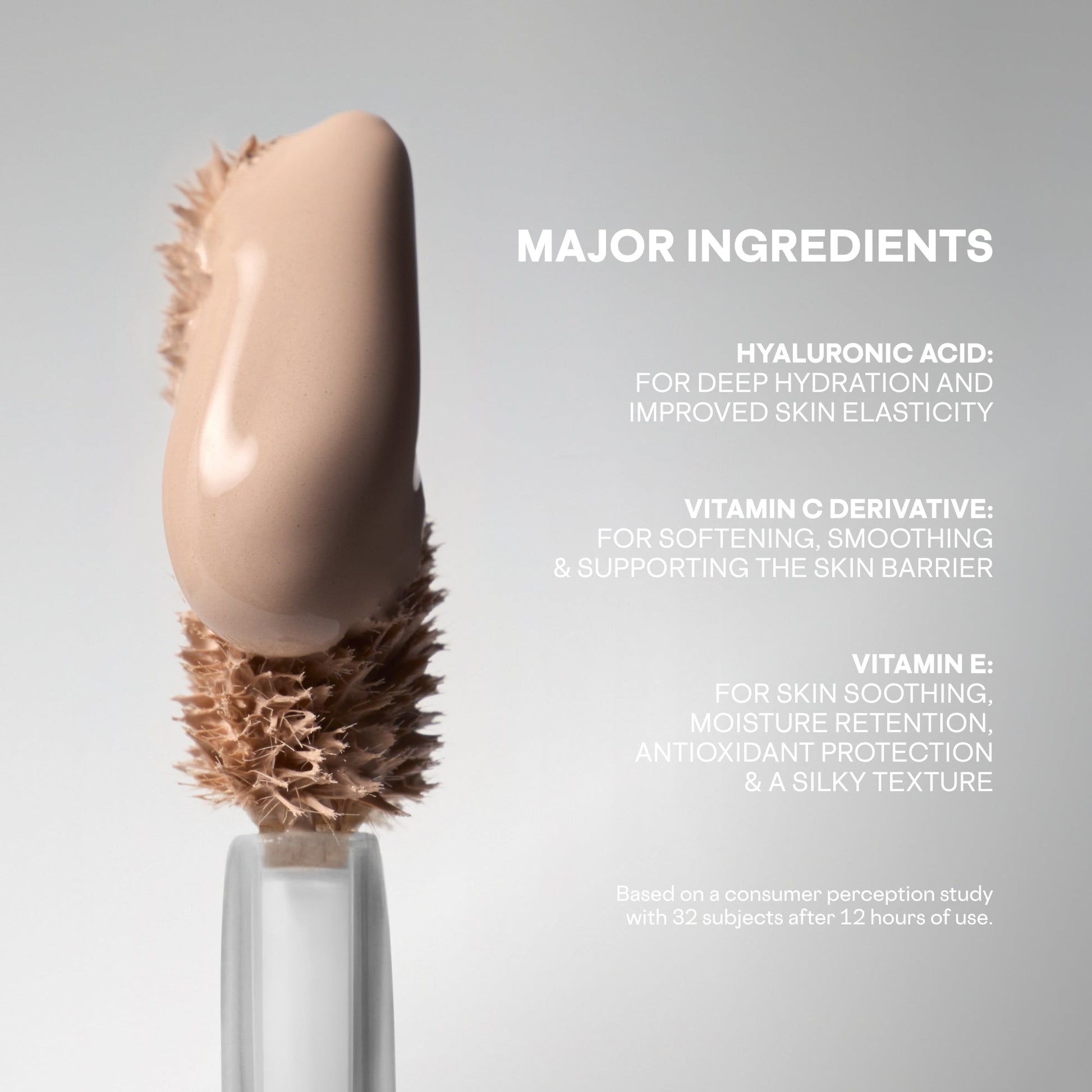 Concealer wand with creamy beige formula, dewy finish, and key skincare ingredients listed.