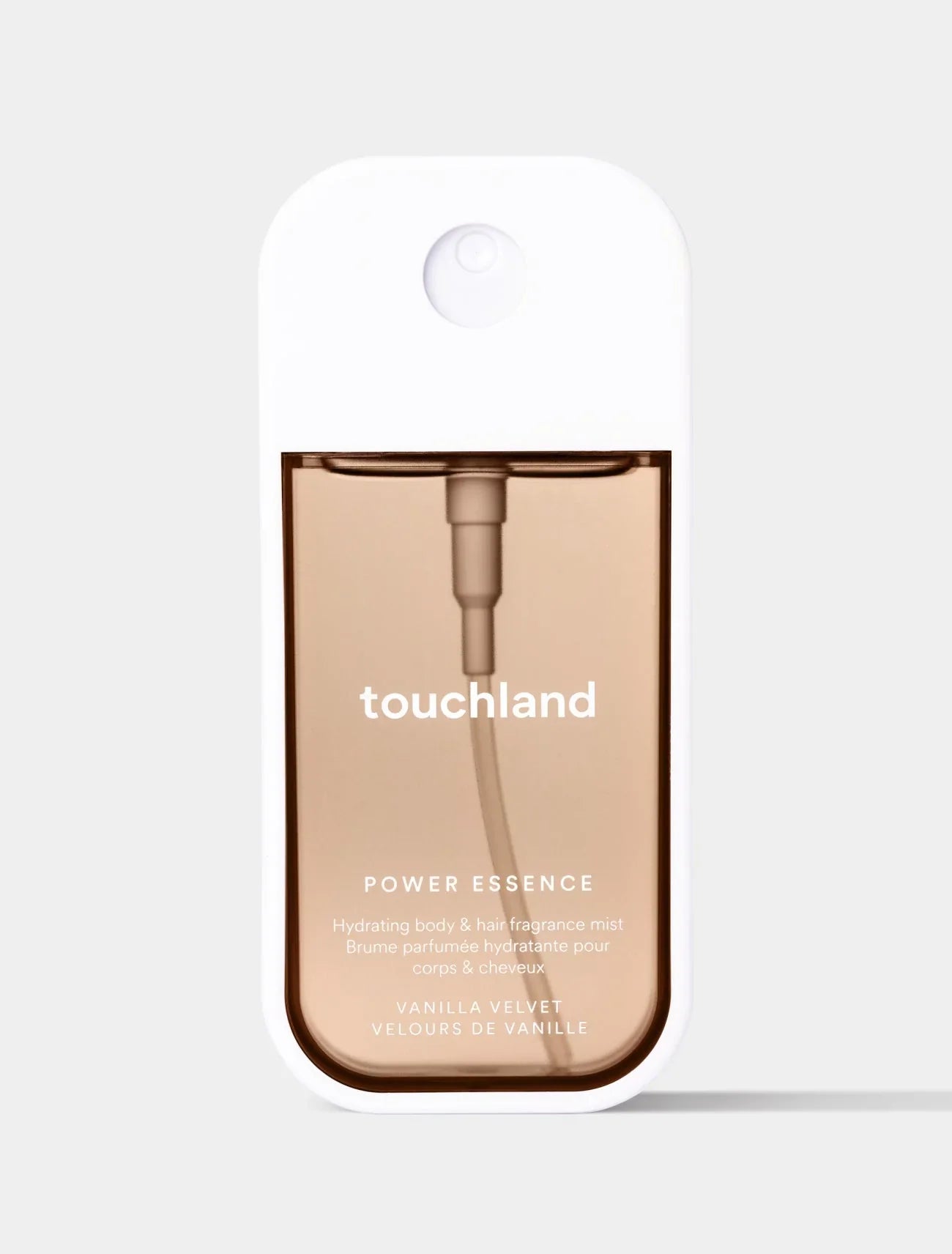 Touchland Vanilla Velvet body and hair fragrance mist in sleek beige and white bottle, Wylde Grey