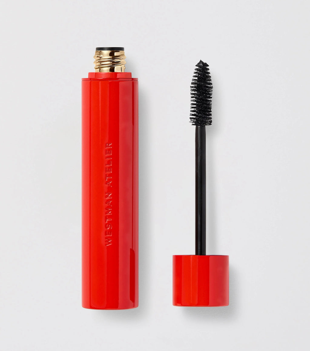 Luxurious black mascara in a sleek glossy red tube, ideal for volumizing lashes, Wylde Grey