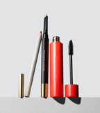 Westman Atelier luxury eye pencil, brow pencil, and black mascara with sleek gold and red packaging