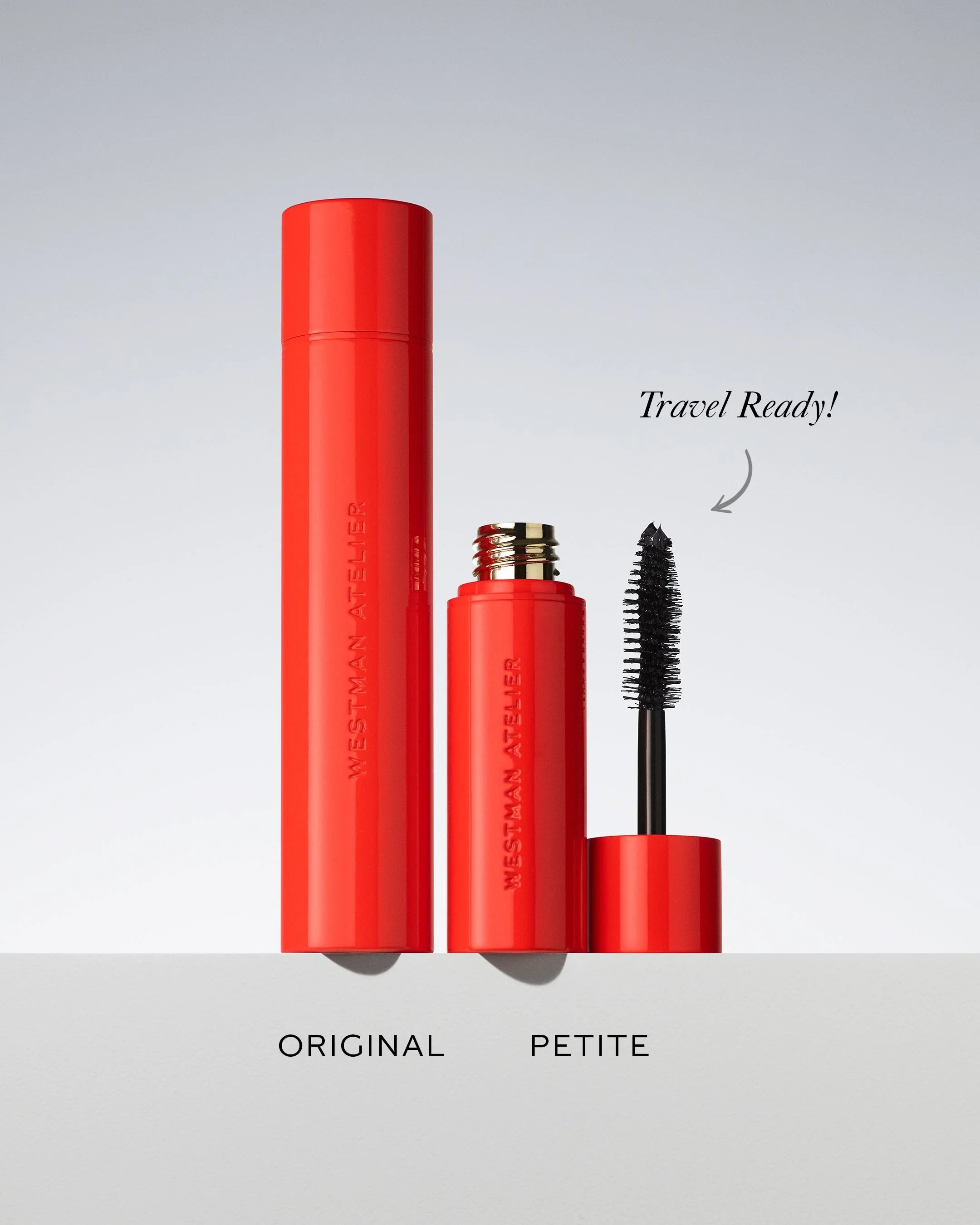 Westman Atelier Eye Want You Mascara in glossy red Original and Petite sizes, black volumizing brush