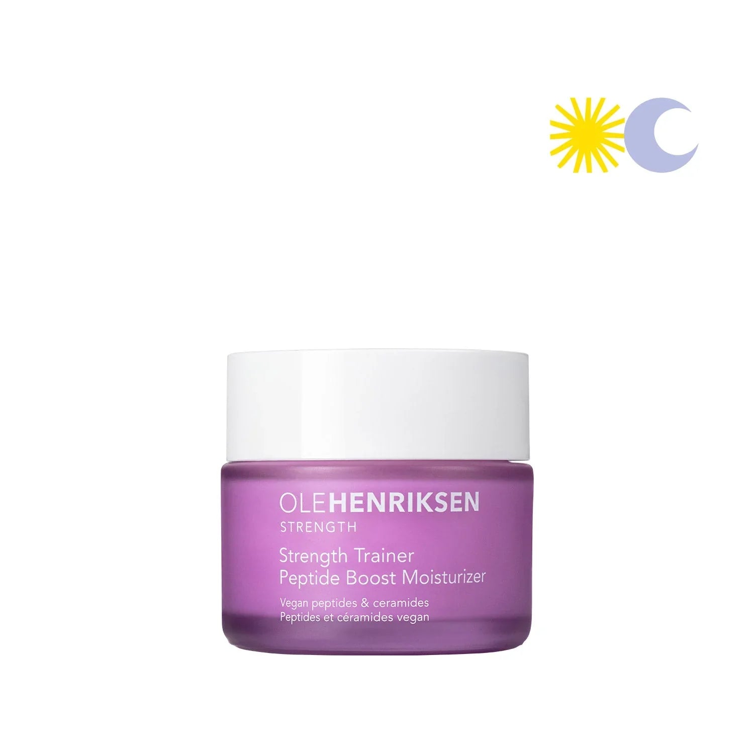 Ole Henriksen Strength Trainer Peptide Boost Moisturizer in a luxe purple jar with white lid, minimalist background.