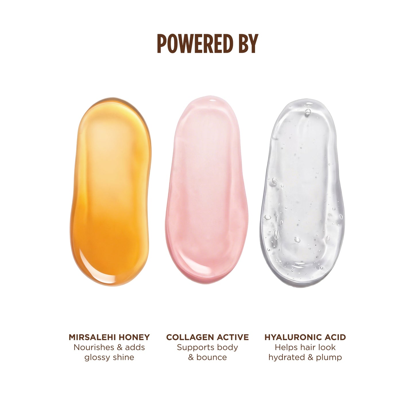 Ingredient textures representing Mirsalehi honey, collagen active and hyaluronic acid used in Gisou Honey Gloss Collagen Drops Hair Oil on a white background.