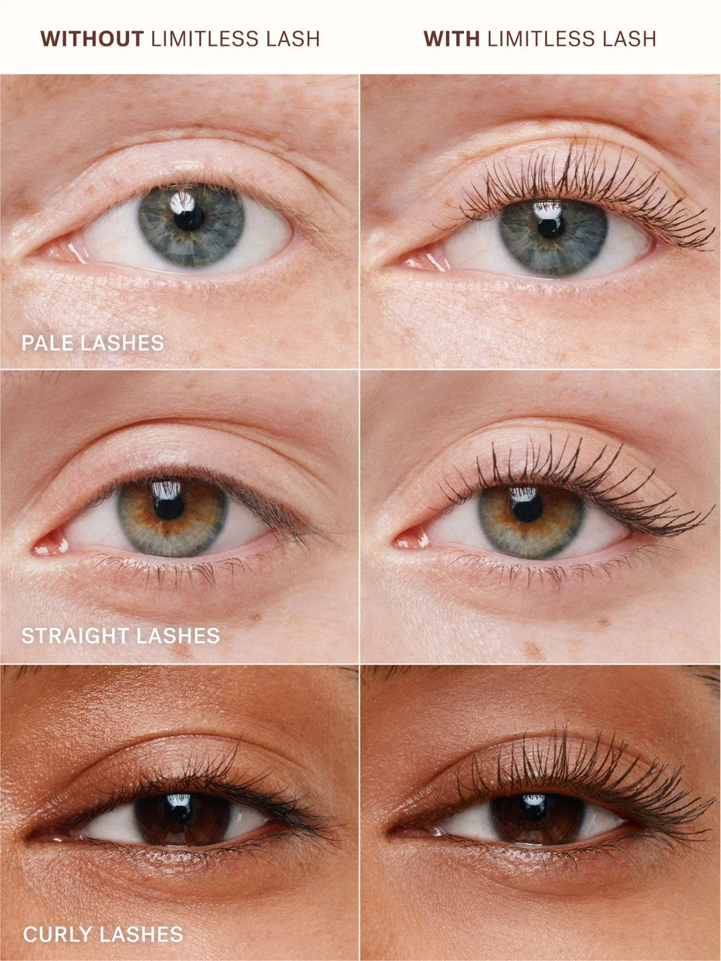 Before and after results of Ilia Limitless Lash Mascara on pale, straight, and curly lashes showing enhanced length and definition.