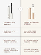 Comparison of ILIA Limitless Lash Mascara in white tube with black wand and Fullest Volumizing Mascara in nude tube, highlighting luxury vegan eye makeup benefits at Wylde Grey.
