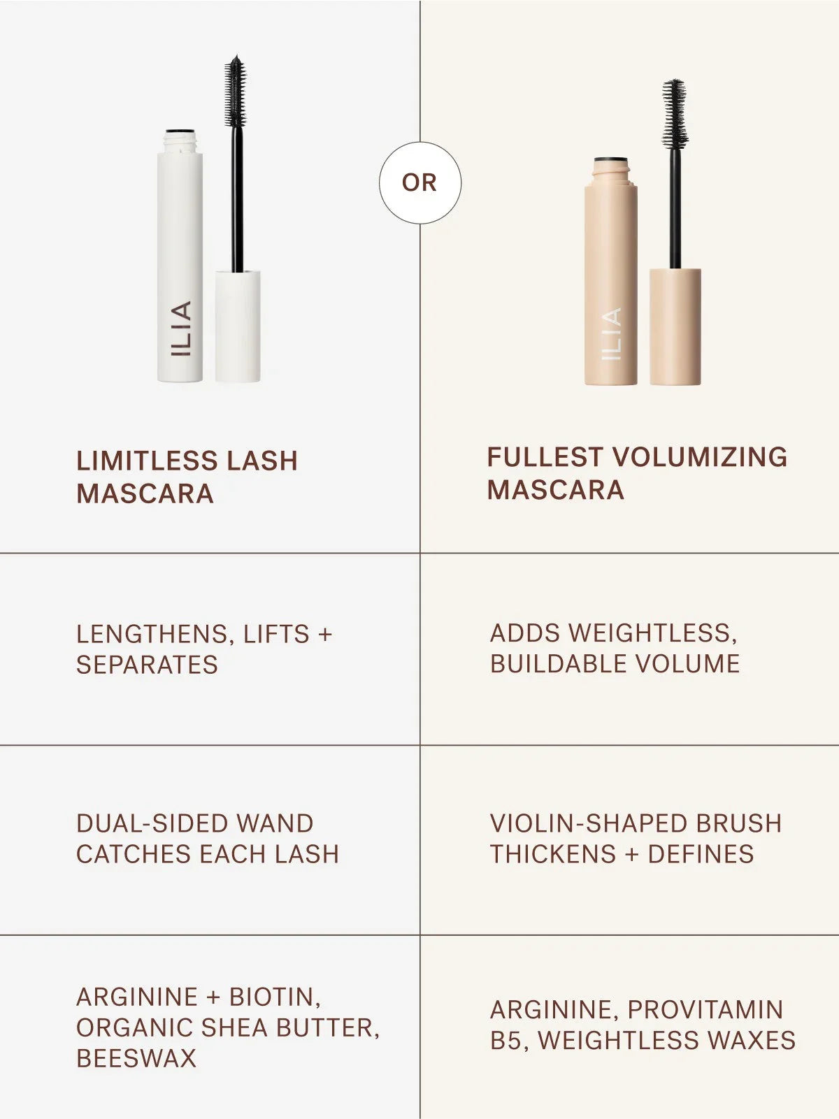 Comparison of ILIA Limitless Lash Mascara in white tube with black wand and Fullest Volumizing Mascara in nude tube, highlighting luxury vegan eye makeup benefits at Wylde Grey.