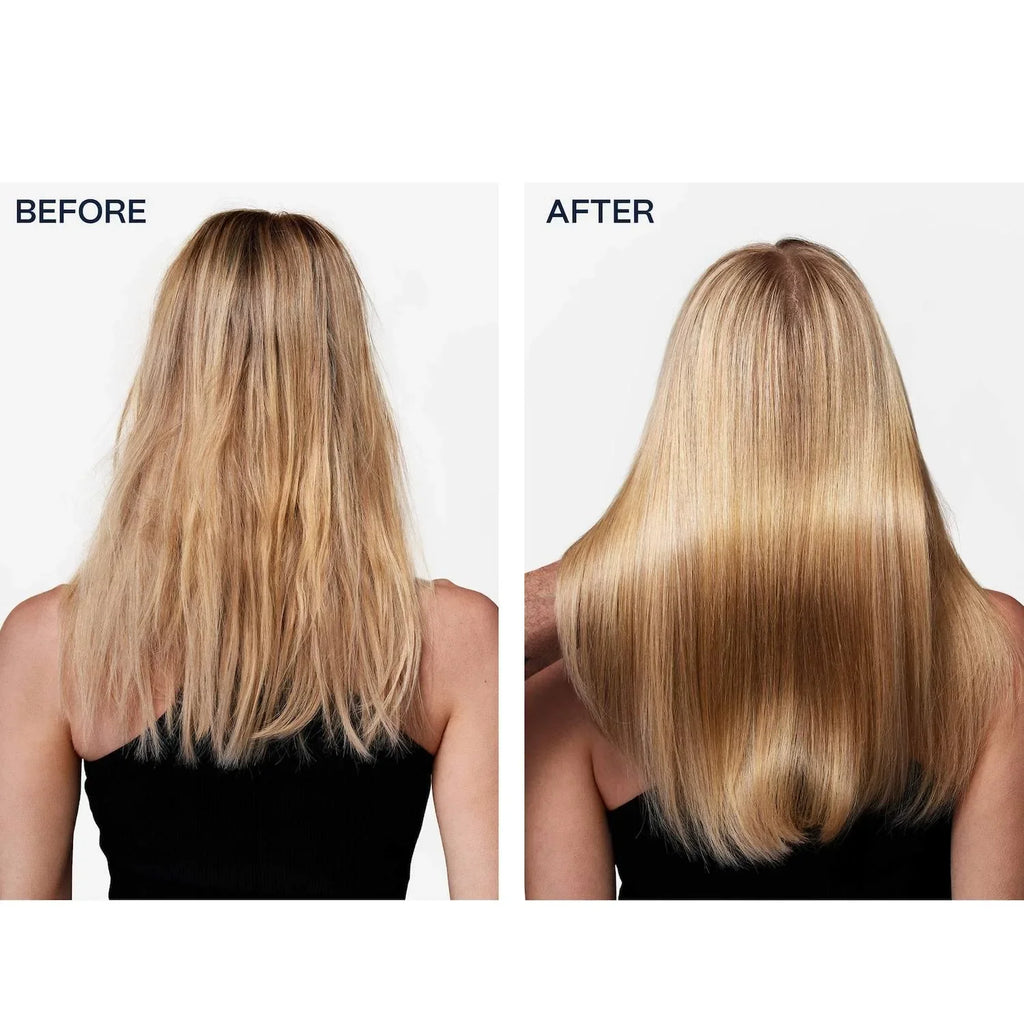 Before and after of blonde hair, showing transformation from frizzy to smooth, glossy, healthy finish