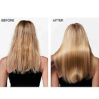 Before and after of blonde hair, showing transformation from frizzy to smooth, glossy, healthy finish