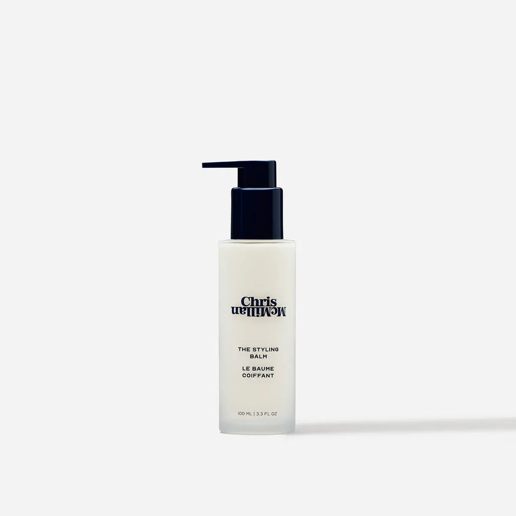 Chris McMillan The Styling Balm in sleek white bottle with black pump, luxury haircare at Wylde Grey