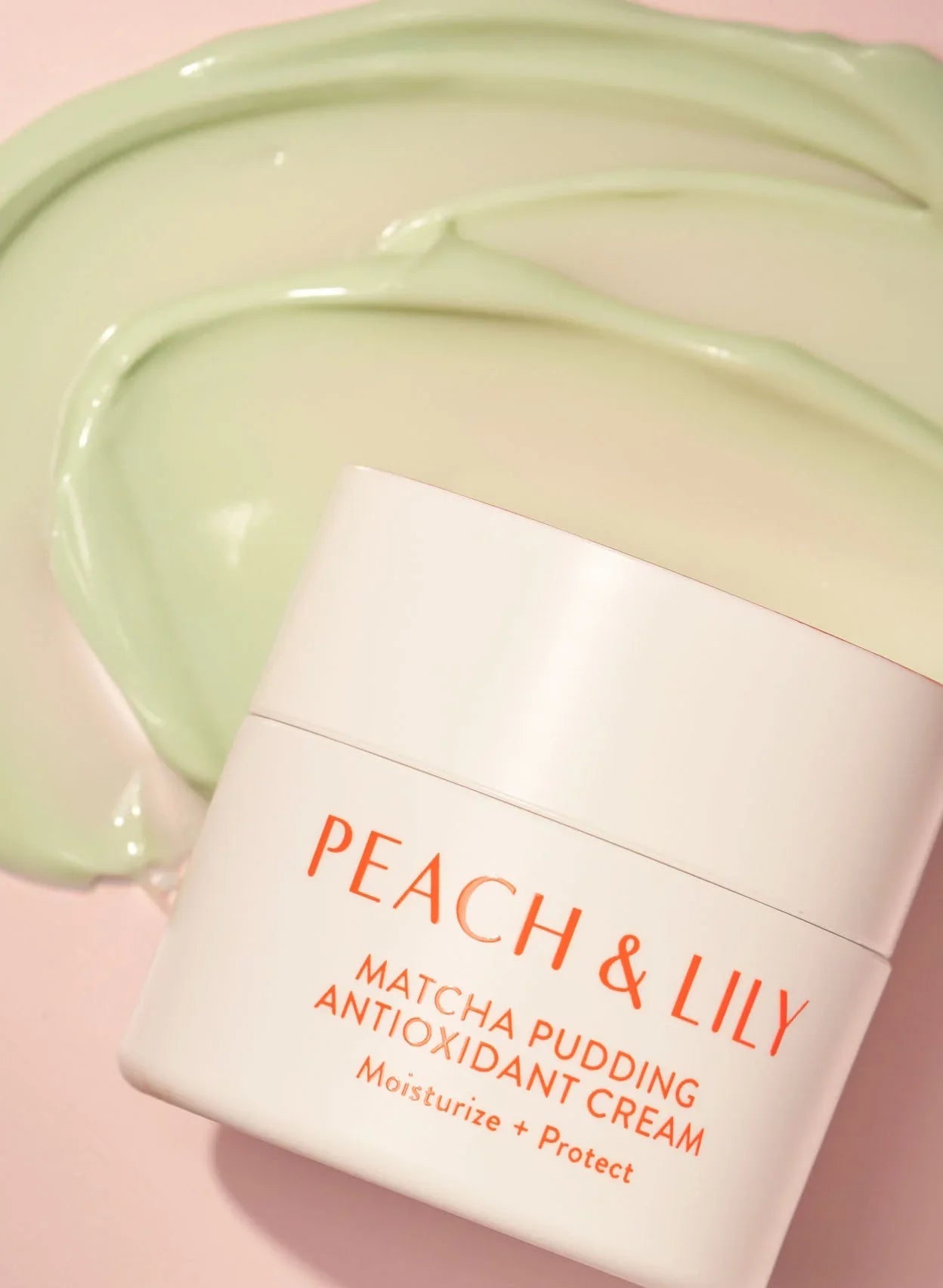 Peach & Lily Matcha Pudding Antioxidant Cream jar on pastel background with creamy green texture