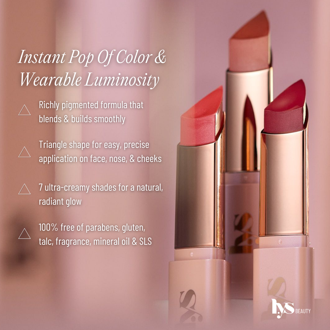 Three cream blush sticks in rose, nude, and berry shades with a creamy, dewy finish.