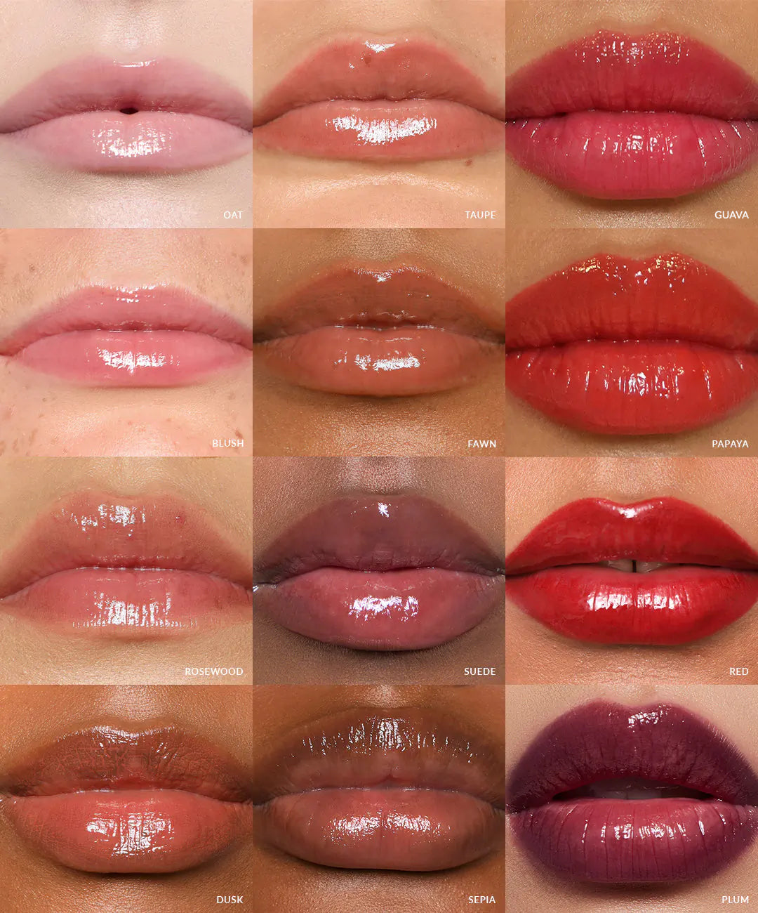 Lips wearing 12 different lip gloss shades, including oat, taupe, guava, blush, fawn, and red.