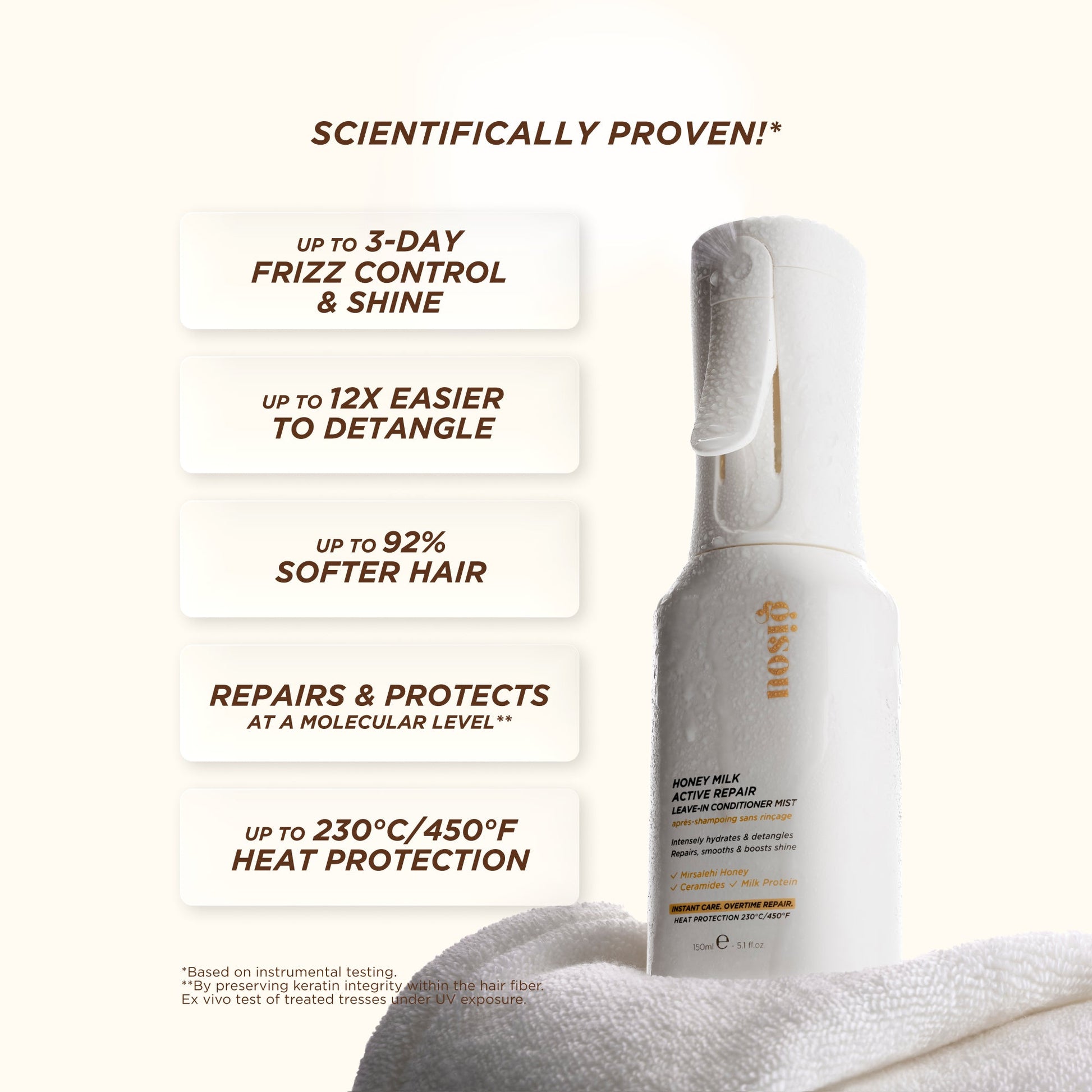 Luxurious white leave-in hair conditioner spray on soft towel, dewy texture, with benefits listed.