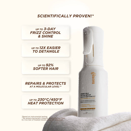 Luxurious white leave-in hair conditioner spray on soft towel, dewy texture, with benefits listed.