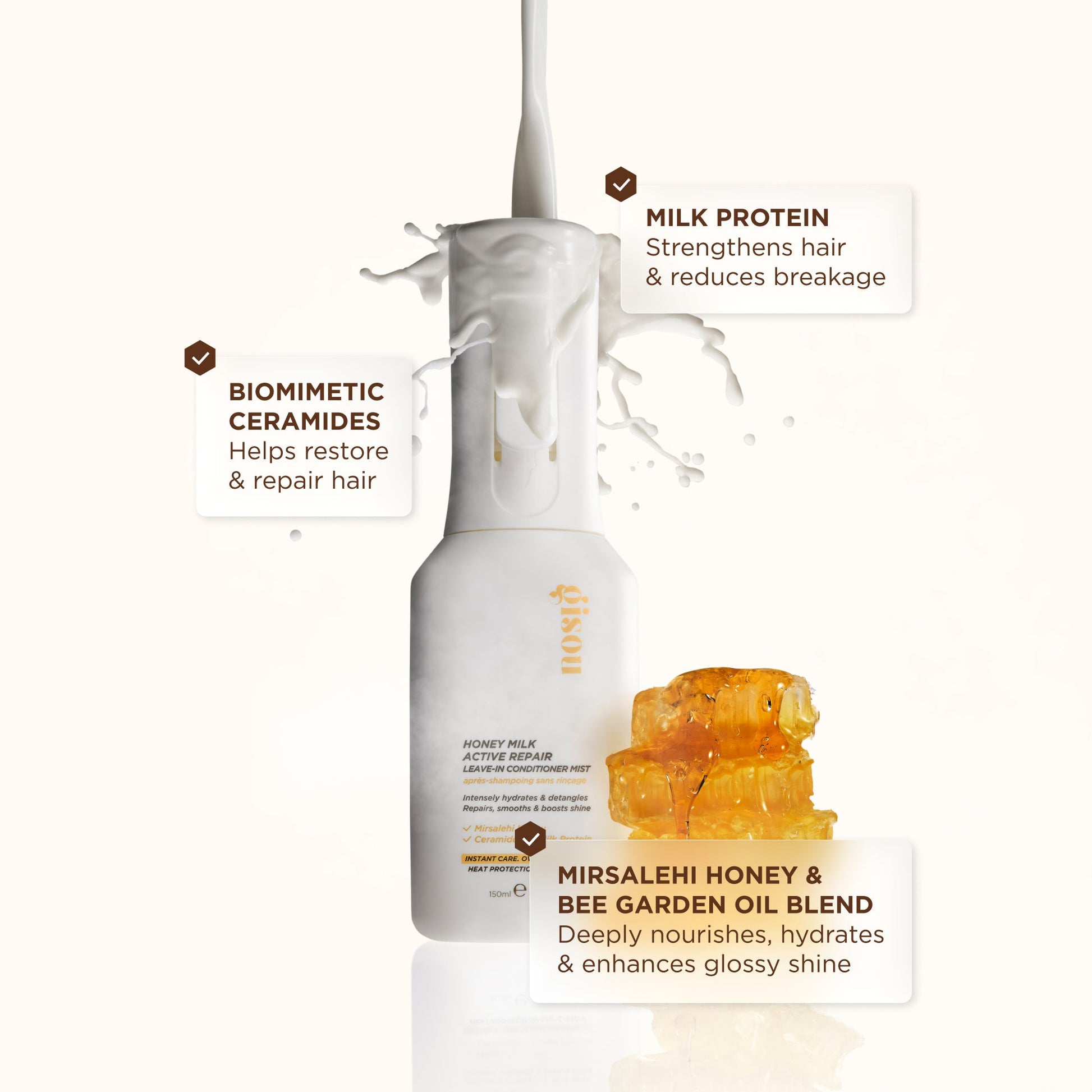 Luxurious leave-in conditioner mist with creamy white liquid texture, golden honeycomb, and ingredient highlights for hydrating, glossy hair care.