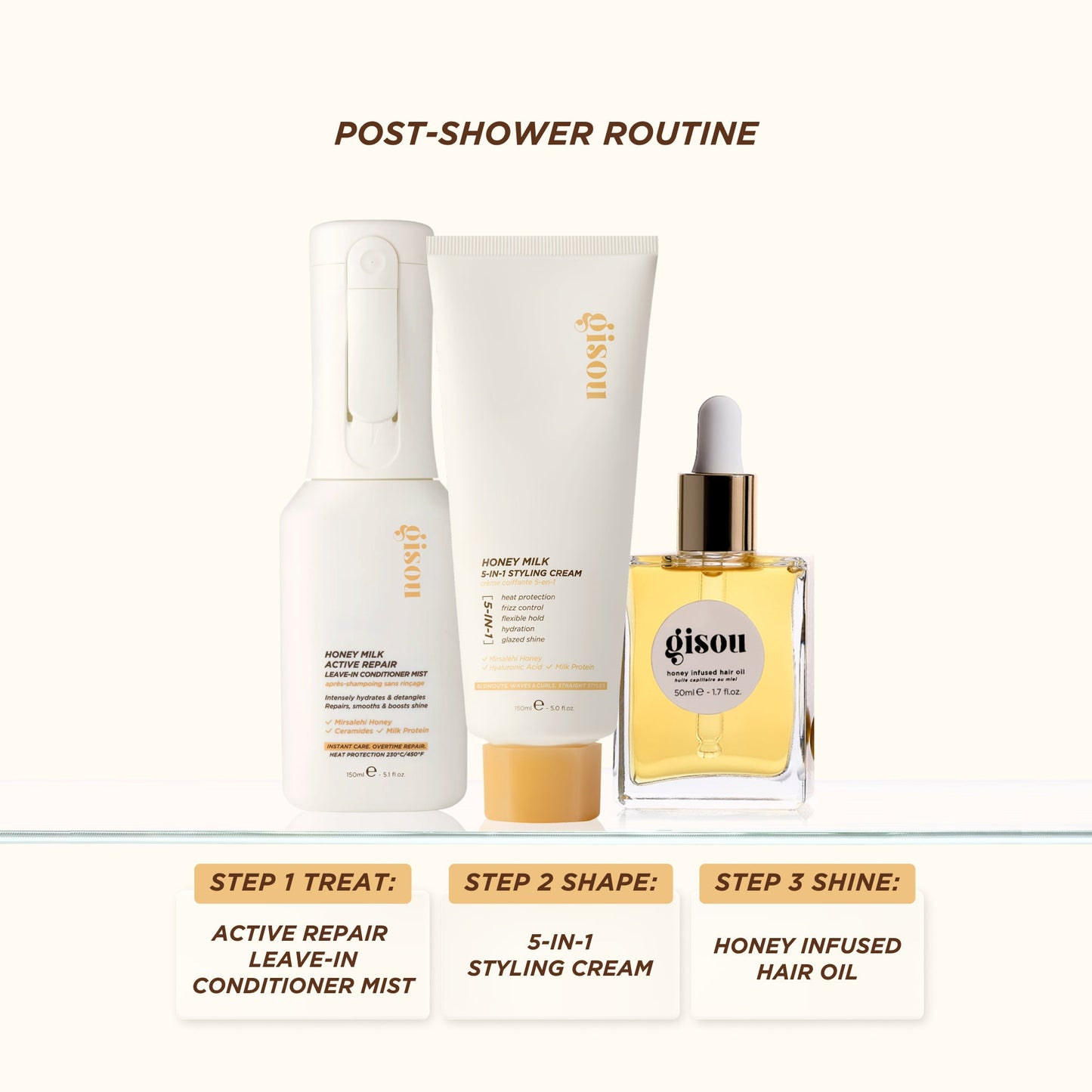 Luxurious hair care set featuring white and gold leave-in mist, cream, and golden hair oil on a light background.