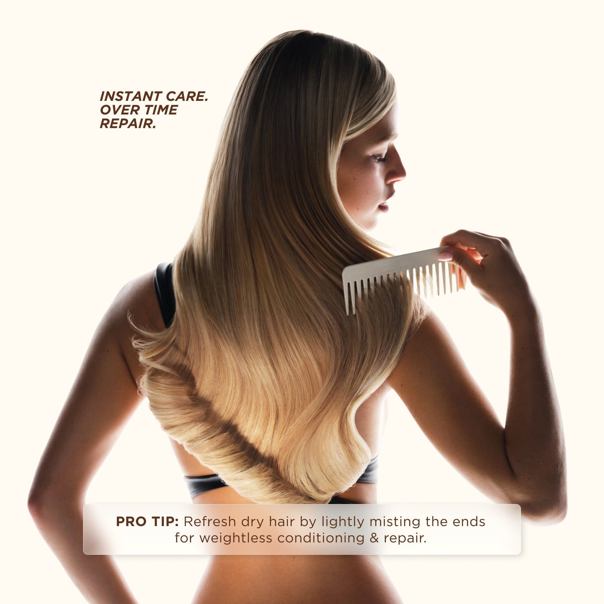 Woman combing silky, luminous blonde hair with a wide-tooth comb, showcasing smooth texture.