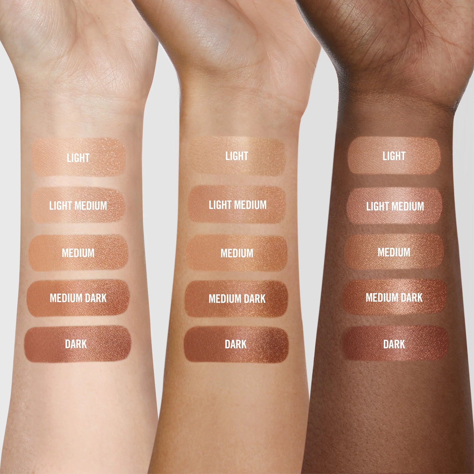Luxurious makeup swatches in light, medium, and dark shades with a radiant, dewy finish on three skin tones.