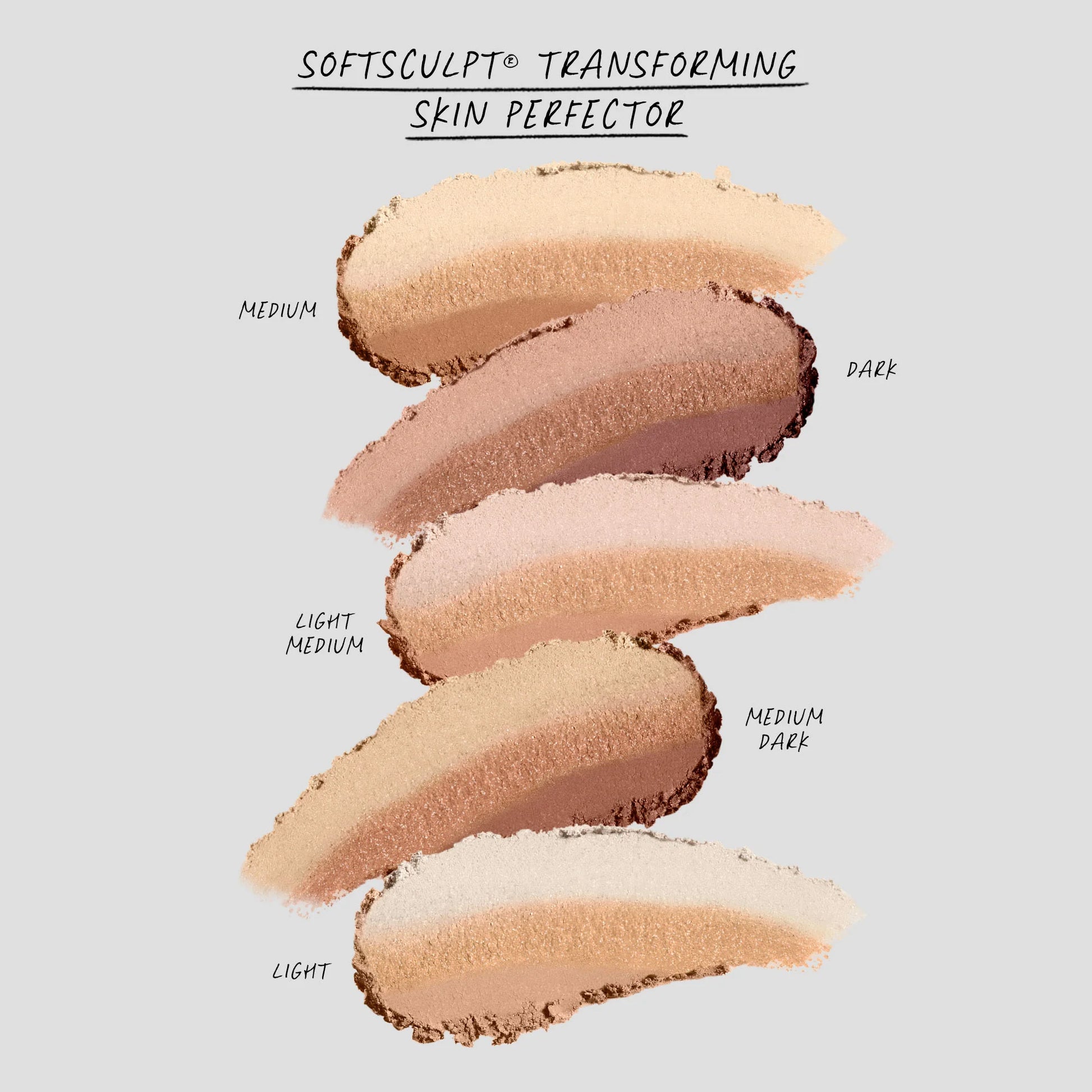 SoftSculpt transforming skin perfector swatches in light, medium, and dark shades with velvety finish