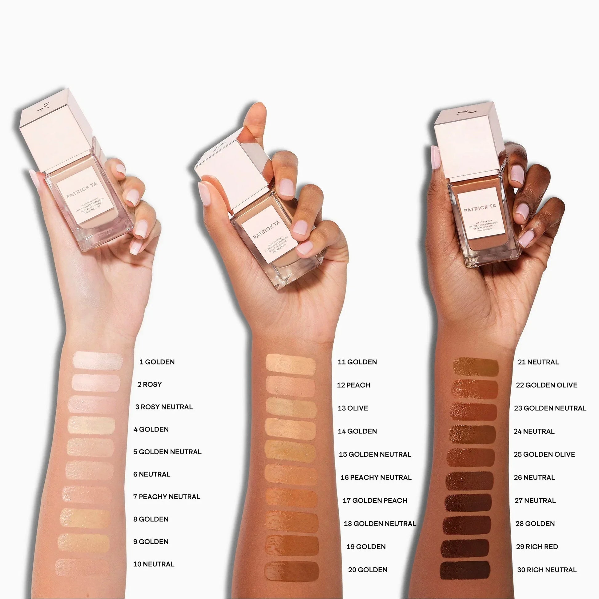 Patrick Ta Luxe Foundation swatches on diverse skin tones, creamy texture, neutral and golden shades