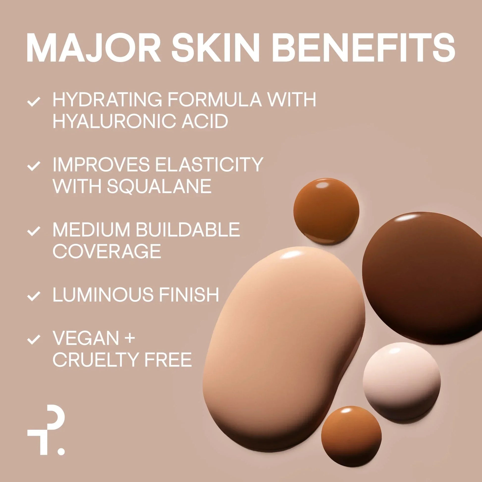 Wylde Grey foundation swatches in creamy, dewy textures with major skin benefits listed.