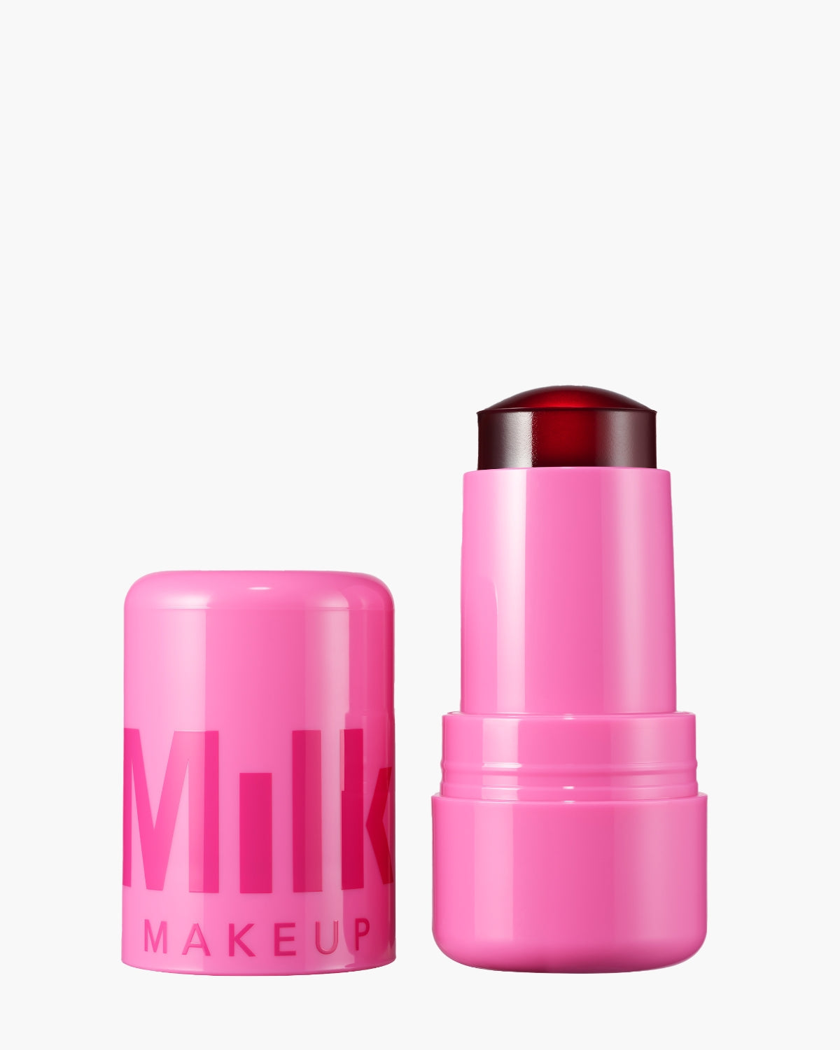 Milk Makeup Jelly Tint lip and cheek stain in pink tube with cap off on white background