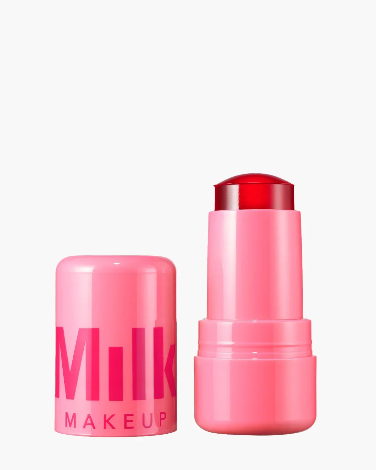 Milk Makeup Jelly Tint blush with cap off, pink tube and red gel tint stick