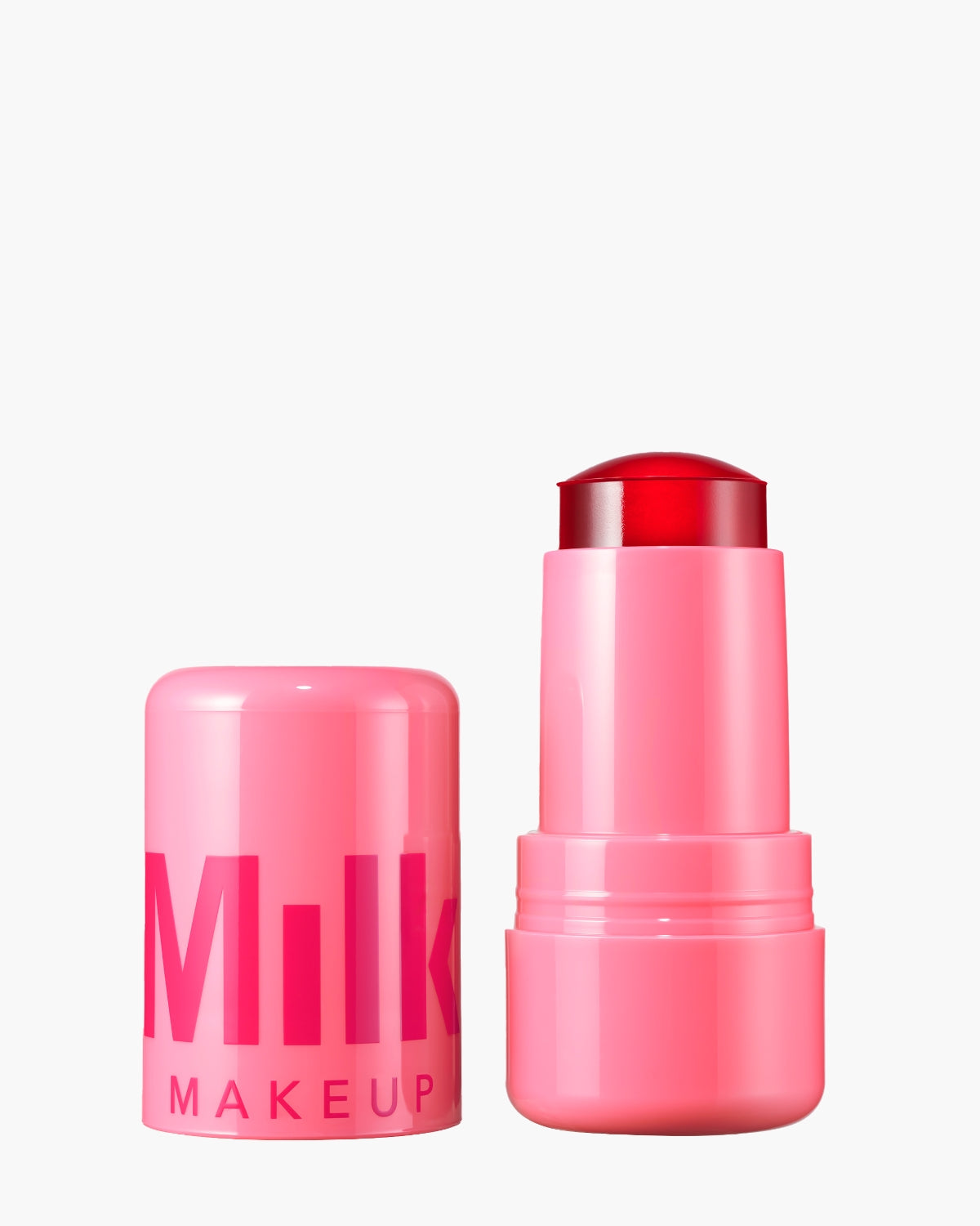 Milk Makeup Jelly Tint blush with cap off, pink tube and red gel tint stick