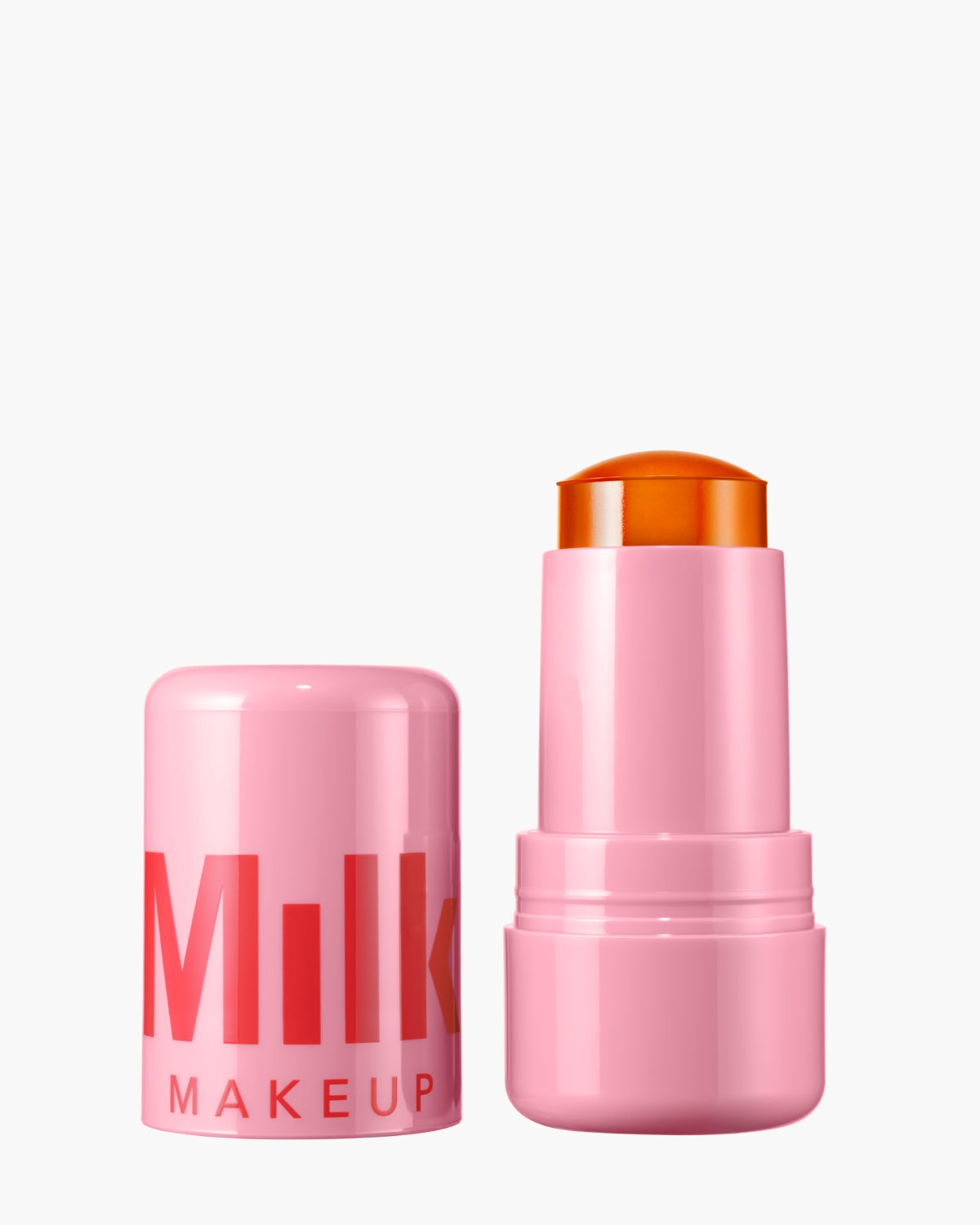 Milk Makeup Jelly Tint Fizz in pink tube with cap off, orange tint exposed, on white background