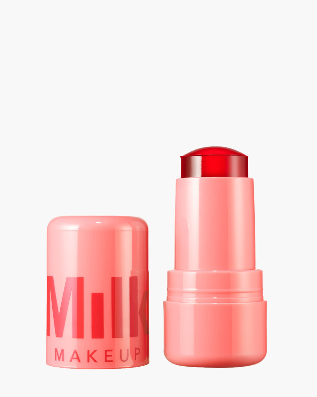 Milk Makeup Jelly Tint blush stick in pink and red tube with cap off on white background