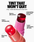 Two vibrant jelly lip and cheek tint sticks with bold text highlighting features.