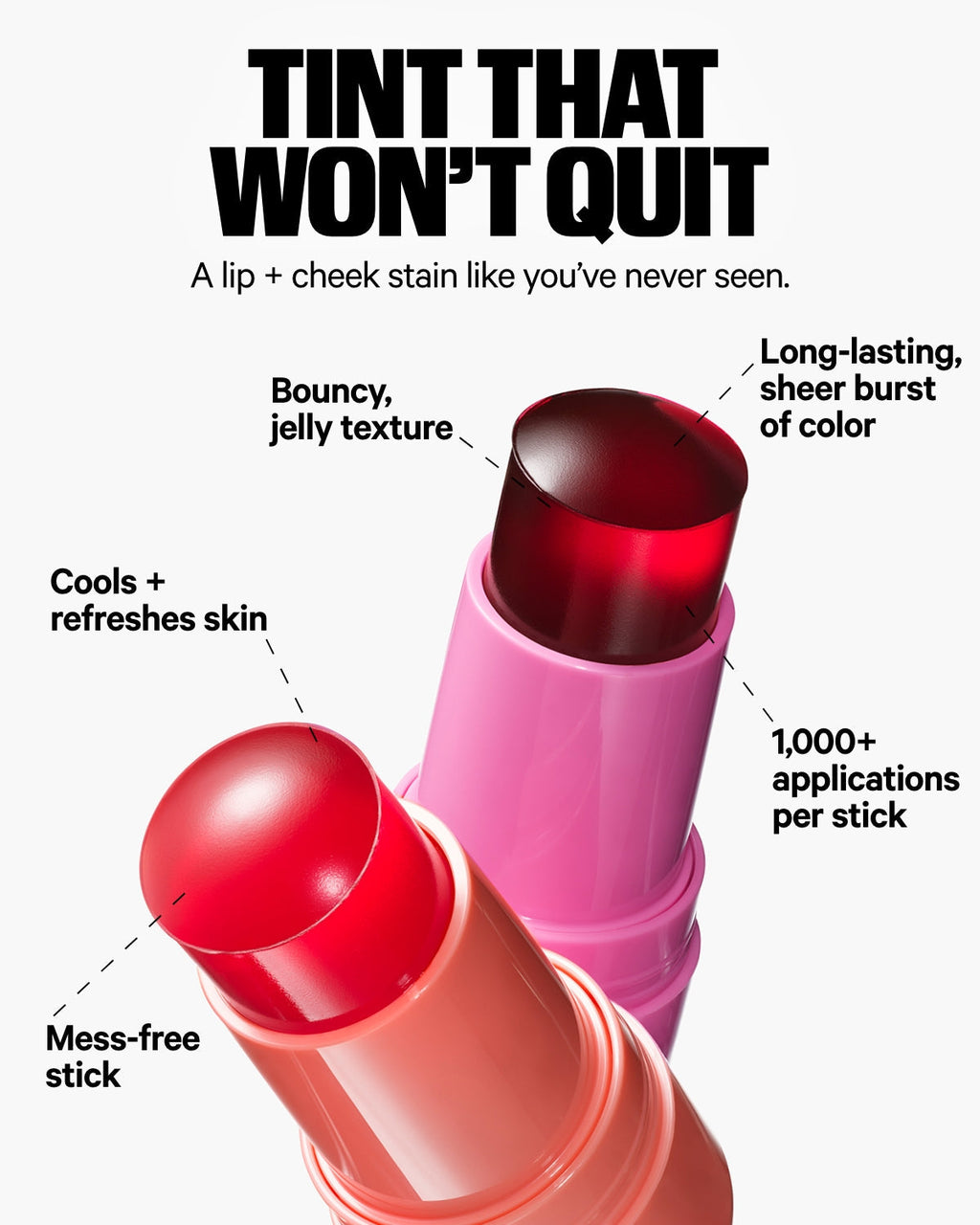 Two jelly tint lip and cheek sticks with bold colors, highlighting texture and benefits.