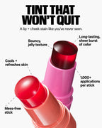 Two jelly tint lip and cheek sticks with bold colors, highlighting texture and benefits.