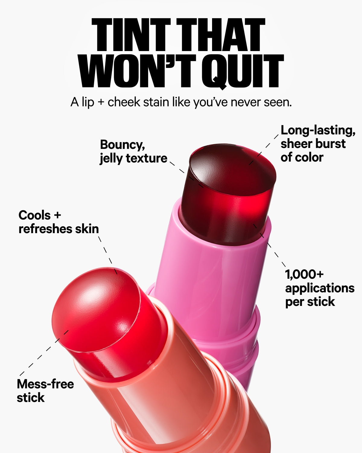 Two jelly texture lip and cheek tint sticks in pink and coral tubes with product benefits labeled.