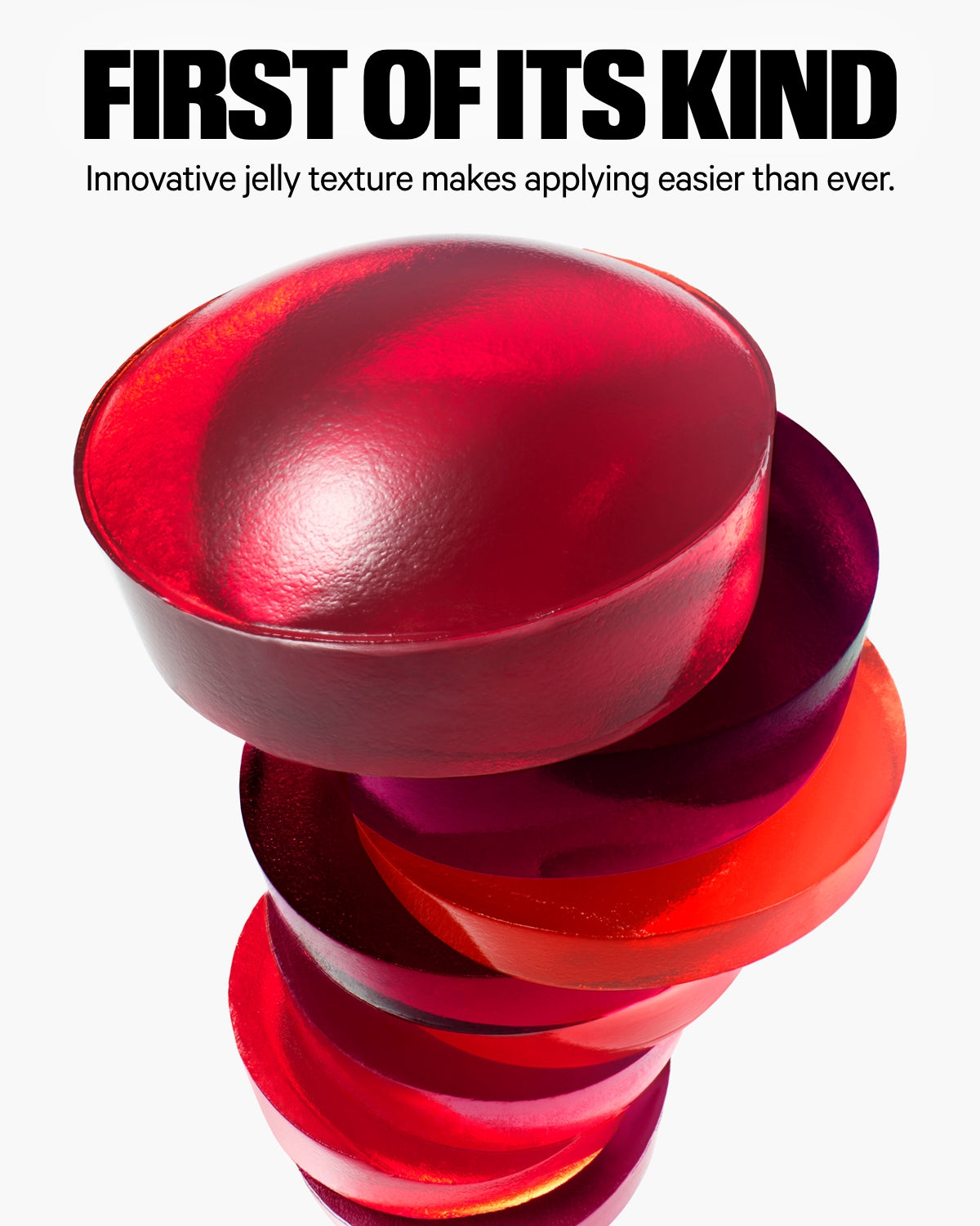 Stacked red jelly tint makeup pans with glossy texture and bold first of its kind headline