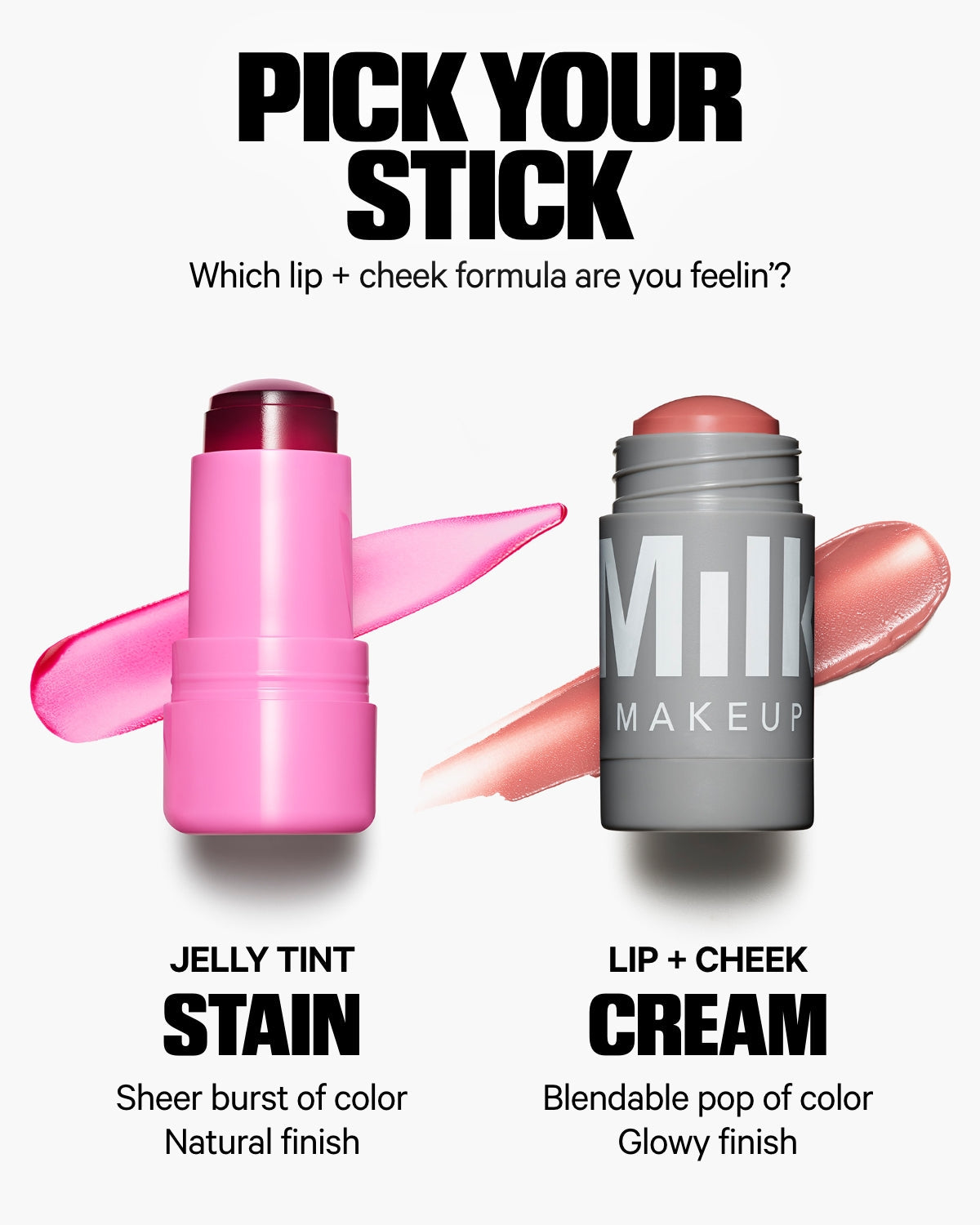 Jelly Tint Stain and Milk Makeup Lip + Cheek Cream sticks for lips and cheeks, product comparison