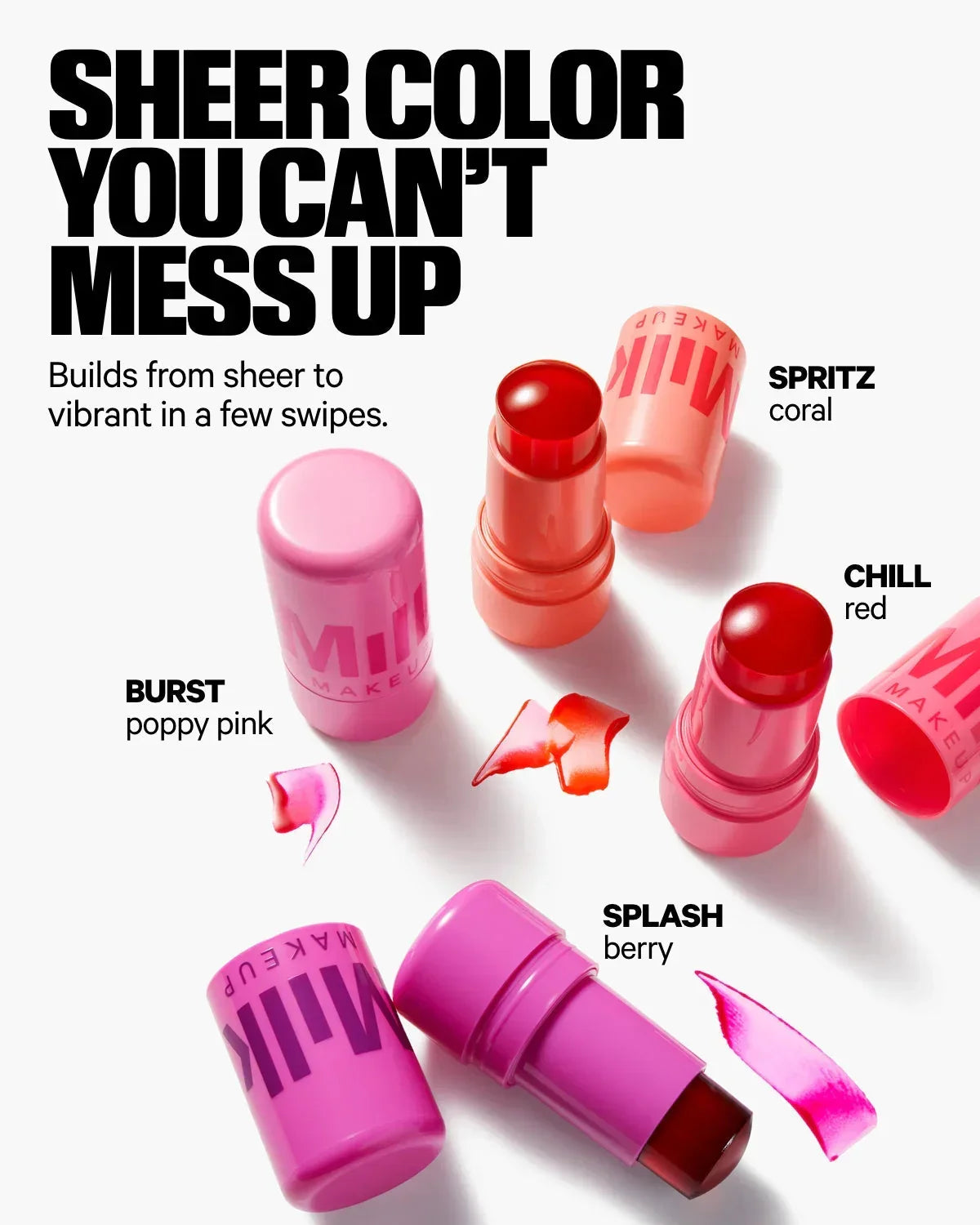 Wylde Grey luxury lip and cheek tints in coral, red, poppy pink, and berry with dewy finish