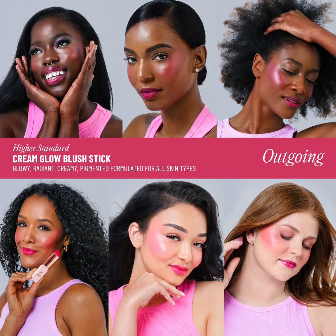 Diverse models wearing dewy, radiant cream blush stick in vibrant outgoing pink shade.