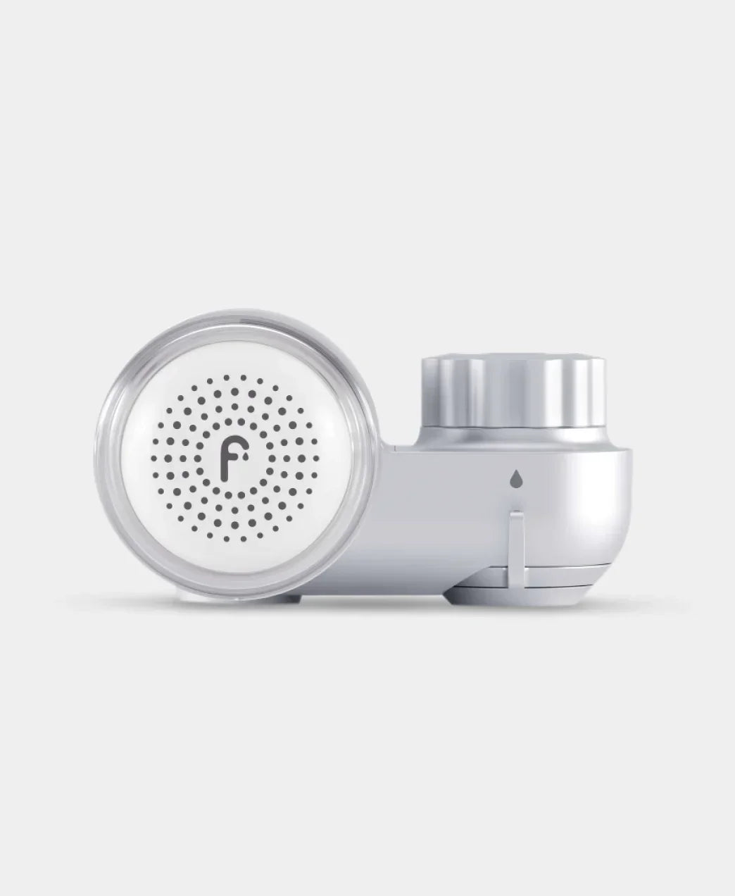 Sleek silver and white skincare device with modern circular design on light background.