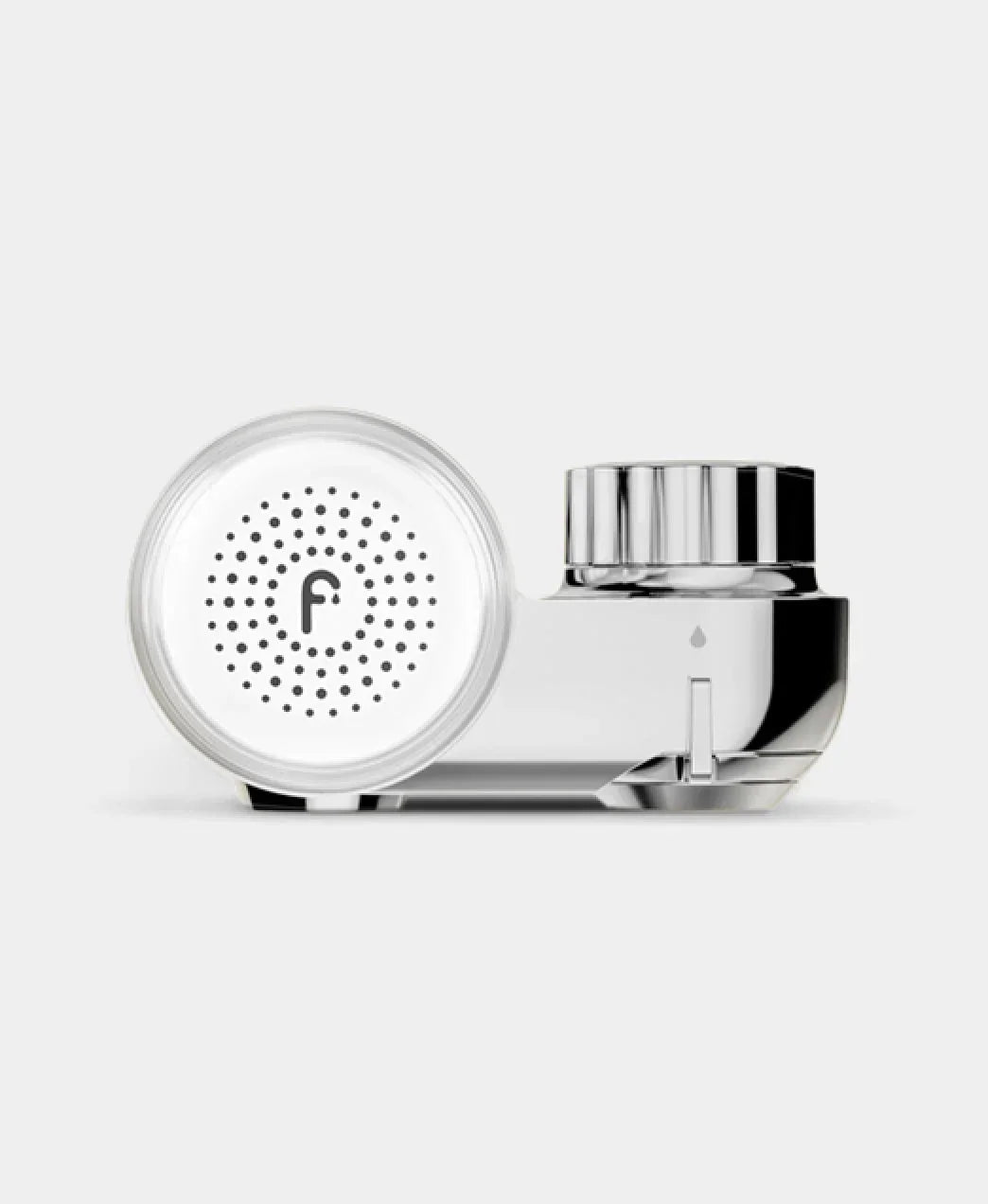 Sleek silver and white water filter faucet attachment with modern, glossy finish on white background