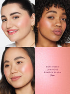 Cheer| Rare Beauty's Soft Pinch Luminous Powder Blush in the shade Cheer demonstrated on three models of differing skin tones. 